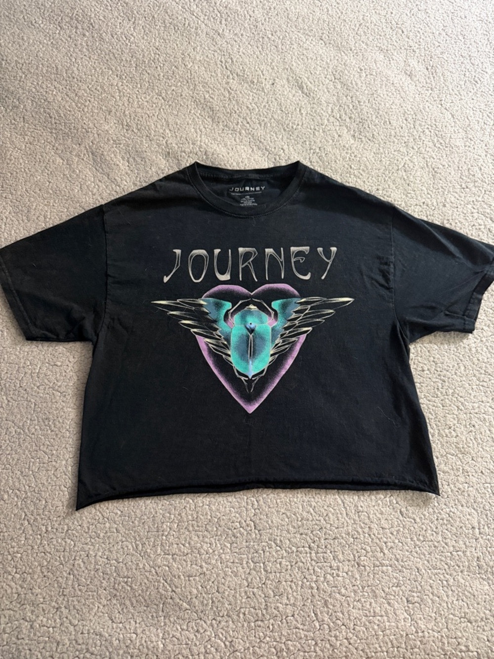 Journey Women's Black Short Sleeve Graphic Tee with Teal & Purple Heart Medium